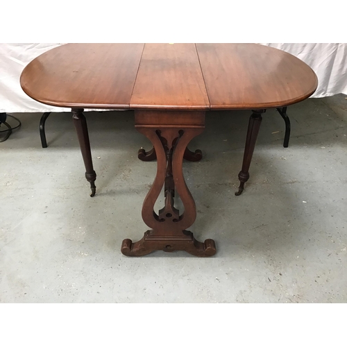 328 - VICTORIAN MAHOGANY DROP LEAF TABLE WITH LYRE END SUPPORTS - EXTENDED H29