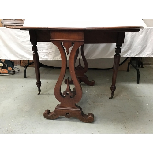 328 - VICTORIAN MAHOGANY DROP LEAF TABLE WITH LYRE END SUPPORTS - EXTENDED H29