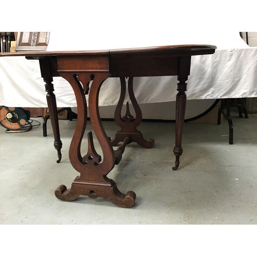 328 - VICTORIAN MAHOGANY DROP LEAF TABLE WITH LYRE END SUPPORTS - EXTENDED H29