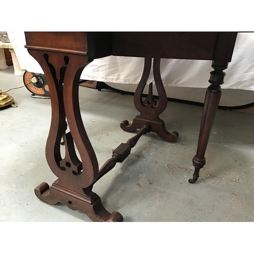 328 - VICTORIAN MAHOGANY DROP LEAF TABLE WITH LYRE END SUPPORTS - EXTENDED H29