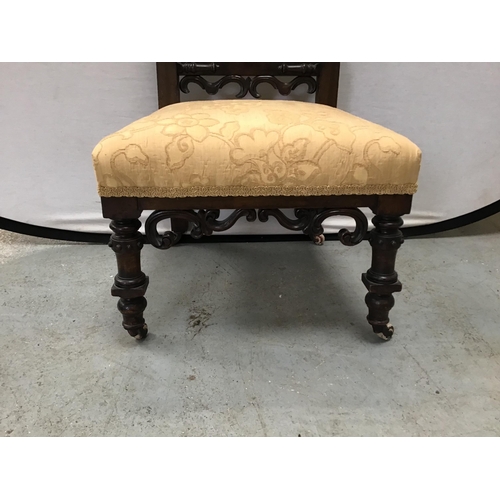 332 - ANTIQUE MAHOGANY ORNATLEY CARVED PRAYER CHAIR WITH UPHOLSTERED SEAT AND BACK RAIL H40