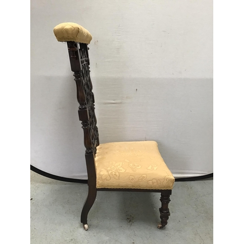 332 - ANTIQUE MAHOGANY ORNATLEY CARVED PRAYER CHAIR WITH UPHOLSTERED SEAT AND BACK RAIL H40