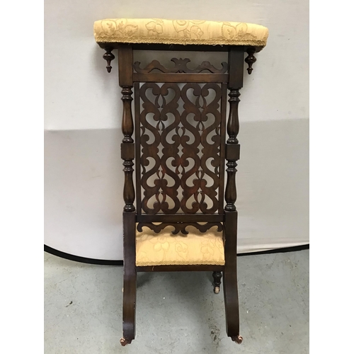 332 - ANTIQUE MAHOGANY ORNATLEY CARVED PRAYER CHAIR WITH UPHOLSTERED SEAT AND BACK RAIL H40