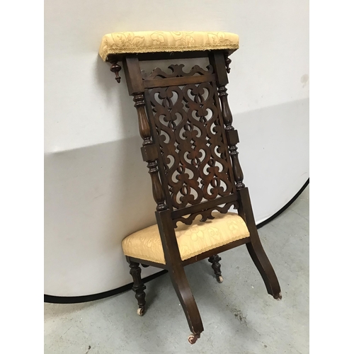 332 - ANTIQUE MAHOGANY ORNATLEY CARVED PRAYER CHAIR WITH UPHOLSTERED SEAT AND BACK RAIL H40