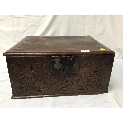 336 - EARLY OAK TABLE TOP BIBLE BOX WITH IRON LOCK CARVED TO THE FRONT AND SIDES H9.5