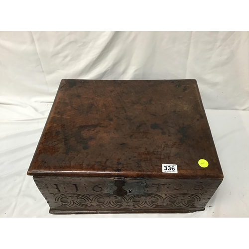 336 - EARLY OAK TABLE TOP BIBLE BOX WITH IRON LOCK CARVED TO THE FRONT AND SIDES H9.5