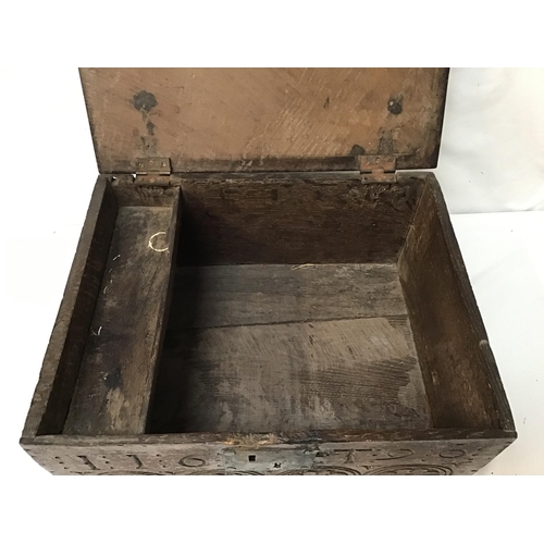 336 - EARLY OAK TABLE TOP BIBLE BOX WITH IRON LOCK CARVED TO THE FRONT AND SIDES H9.5