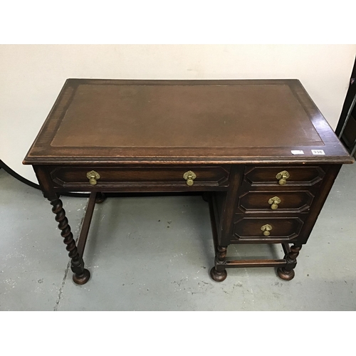 338 - VINTAGE OAK SINGLE PEDASTAL DESK FITTED WITH 4 DRAWERS ON BARLEY TWIST LEGS H30