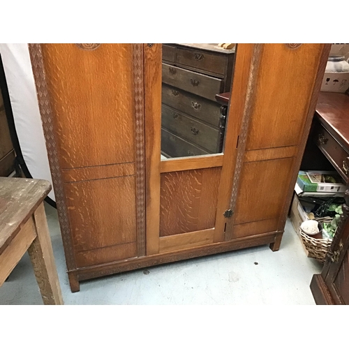 344 - VINTAGE OAK WARDROBE WITH MIRROR DOOR AND CARVED DECORATION A/F H74