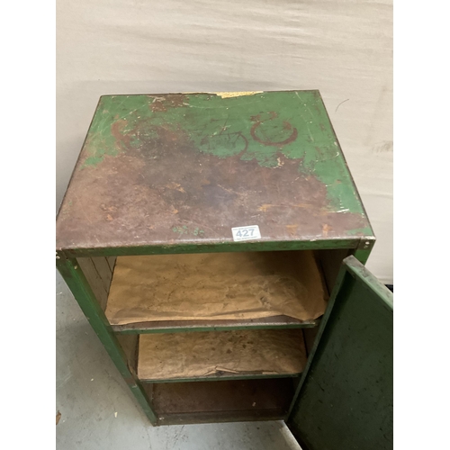 427 - VINTAGE GREEN PAINTED WORKSHOP CABINET FITTED WITH 3 SHELVES H37