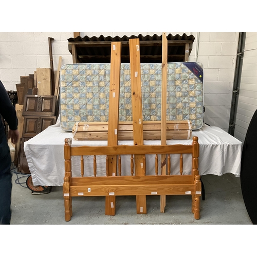 431 - MODERN PINE DOUBLE BED FRAME AND A SINGLE MATTRESS