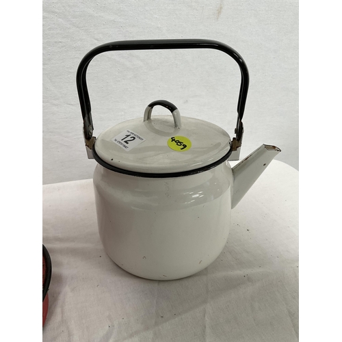 12 - VINTAGE ENAMELLED POT WITH COVER, MOP BUCKET, JAM KETTLE, AND PETROL CAN