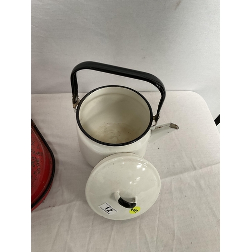 12 - VINTAGE ENAMELLED POT WITH COVER, MOP BUCKET, JAM KETTLE, AND PETROL CAN