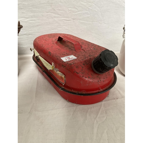 12 - VINTAGE ENAMELLED POT WITH COVER, MOP BUCKET, JAM KETTLE, AND PETROL CAN
