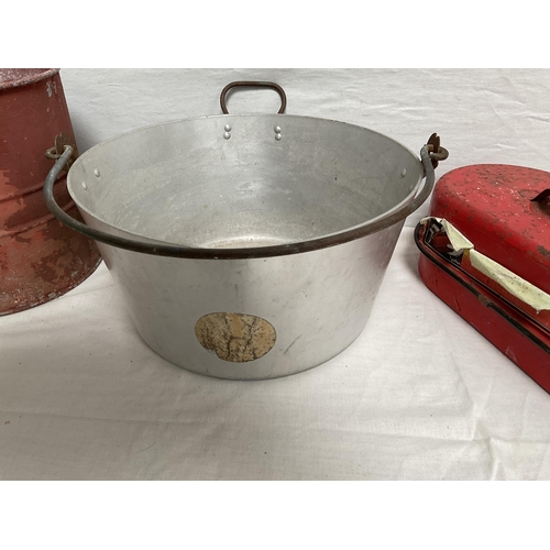 12 - VINTAGE ENAMELLED POT WITH COVER, MOP BUCKET, JAM KETTLE, AND PETROL CAN