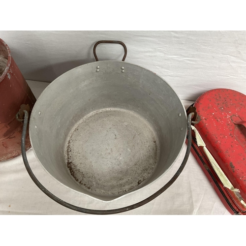 12 - VINTAGE ENAMELLED POT WITH COVER, MOP BUCKET, JAM KETTLE, AND PETROL CAN