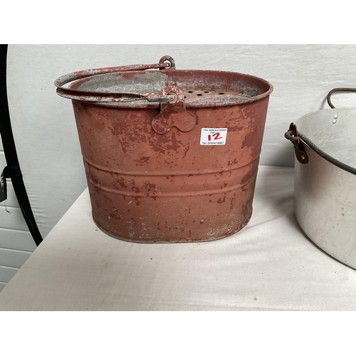 12 - VINTAGE ENAMELLED POT WITH COVER, MOP BUCKET, JAM KETTLE, AND PETROL CAN