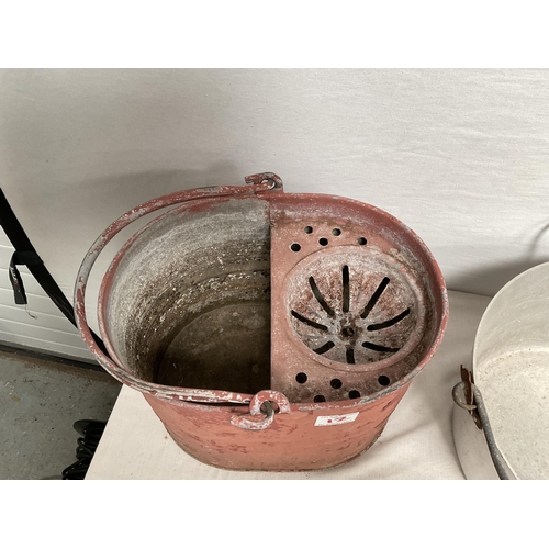 12 - VINTAGE ENAMELLED POT WITH COVER, MOP BUCKET, JAM KETTLE, AND PETROL CAN