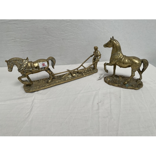 2 - BRASS HORSE AND PLOUGH ORNAMENT AND BRASS TROTTING HORSE - PLOUGH L17