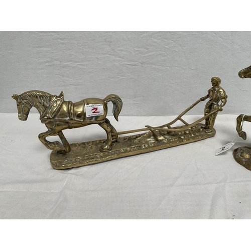 2 - BRASS HORSE AND PLOUGH ORNAMENT AND BRASS TROTTING HORSE - PLOUGH L17