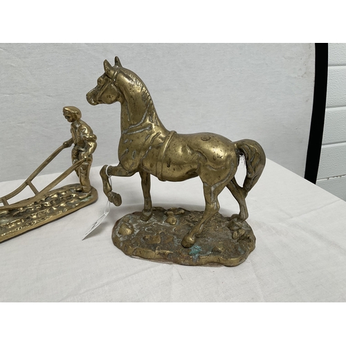 2 - BRASS HORSE AND PLOUGH ORNAMENT AND BRASS TROTTING HORSE - PLOUGH L17