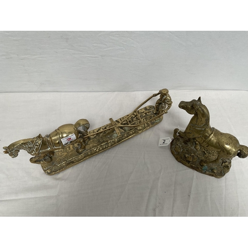 2 - BRASS HORSE AND PLOUGH ORNAMENT AND BRASS TROTTING HORSE - PLOUGH L17