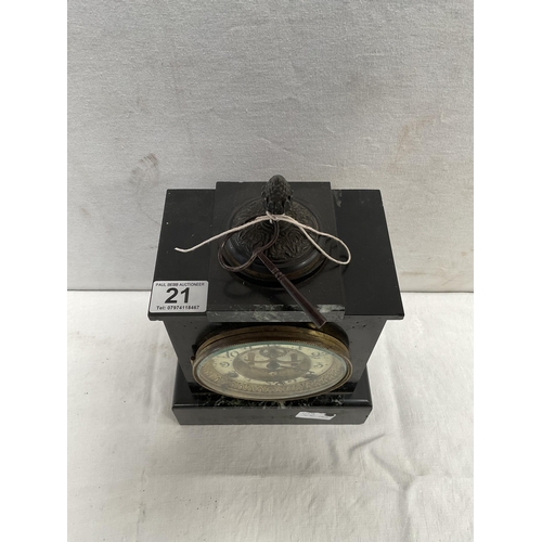 21 - VICTORIAN MARBLE CLOCK A/F COMPLETE WITH KEY & PENDULUM H12