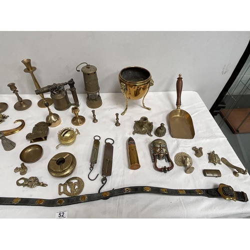 52 - BOX OF BRASSWARE TO INCLUDE CANDELSTICKS BLOW LAMPS JARDINERE ETC