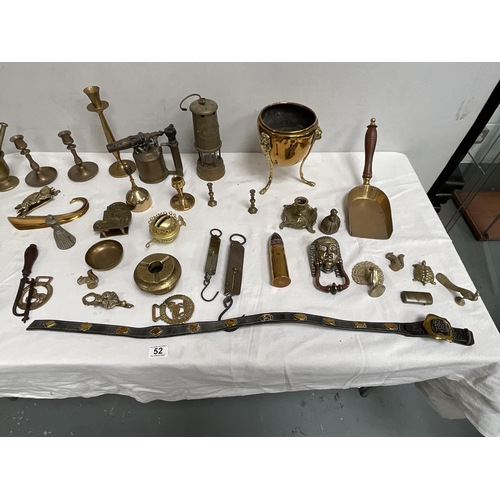 52 - BOX OF BRASSWARE TO INCLUDE CANDELSTICKS BLOW LAMPS JARDINERE ETC