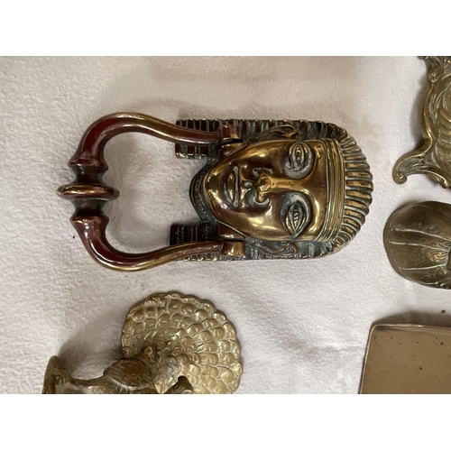 52 - BOX OF BRASSWARE TO INCLUDE CANDELSTICKS BLOW LAMPS JARDINERE ETC