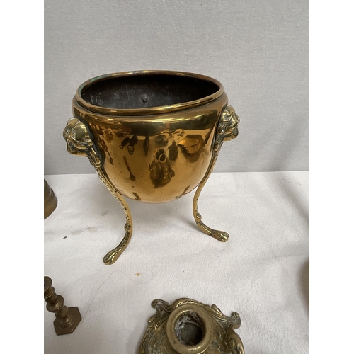 52 - BOX OF BRASSWARE TO INCLUDE CANDELSTICKS BLOW LAMPS JARDINERE ETC