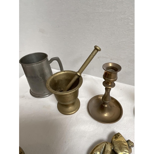 52 - BOX OF BRASSWARE TO INCLUDE CANDELSTICKS BLOW LAMPS JARDINERE ETC