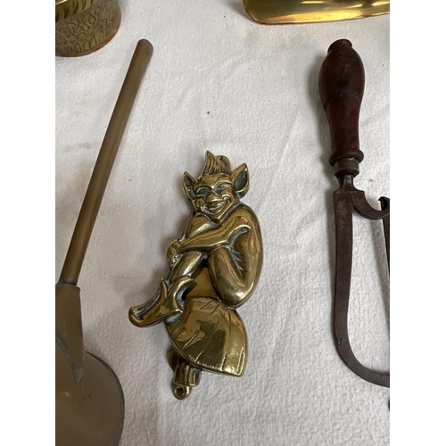 52 - BOX OF BRASSWARE TO INCLUDE CANDELSTICKS BLOW LAMPS JARDINERE ETC