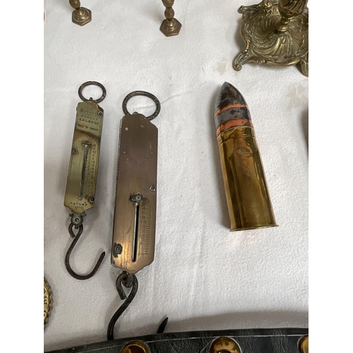 52 - BOX OF BRASSWARE TO INCLUDE CANDELSTICKS BLOW LAMPS JARDINERE ETC