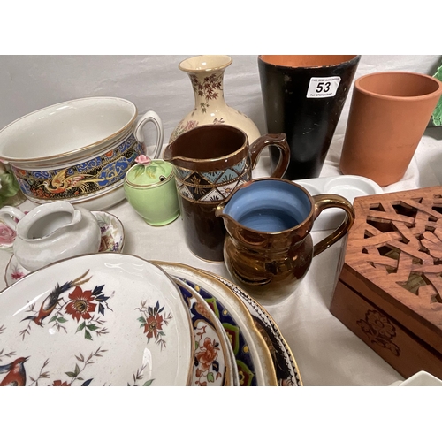 53 - 2 BOXES OF CHINA TO INCLUDE PLATES, CUPS SAUCERS, LUSTRE WARE ETC