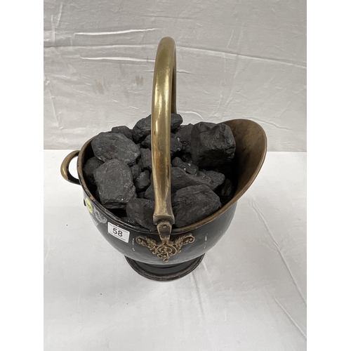 58 - ANTIQUE STYLE  BRASS COAL SCUTTLE FULL OF COAL H18