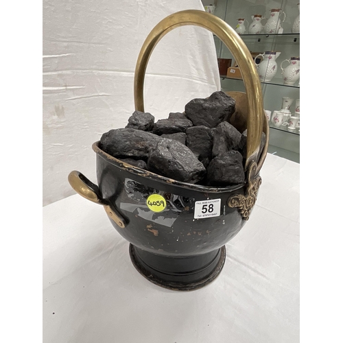 58 - ANTIQUE STYLE  BRASS COAL SCUTTLE FULL OF COAL H18