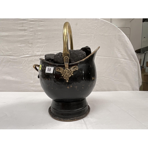 58 - ANTIQUE STYLE  BRASS COAL SCUTTLE FULL OF COAL H18