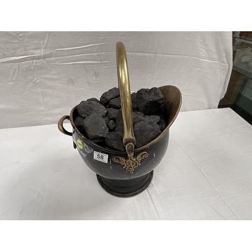 58 - ANTIQUE STYLE  BRASS COAL SCUTTLE FULL OF COAL H18