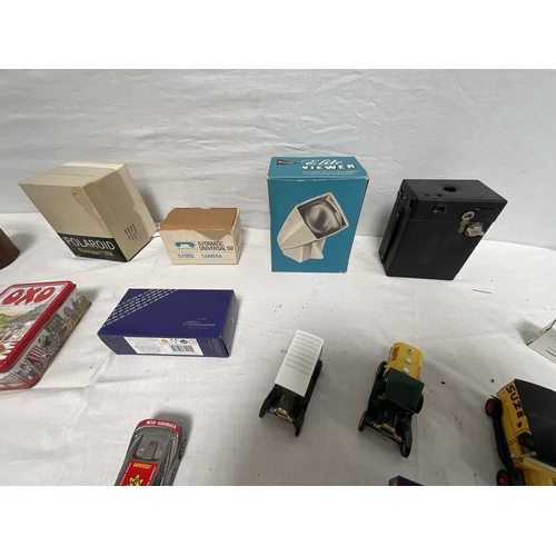 71 - 2 BOXES TO INCLUDE VINTAGE TOYS, CAMERAS, POLAROID CAMERA ETC