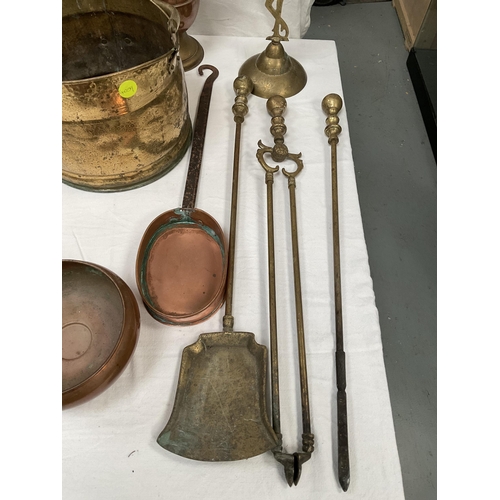 80 - BRASS COAL SCUTTLE , FIRE IRONS COPPER VASE ETC