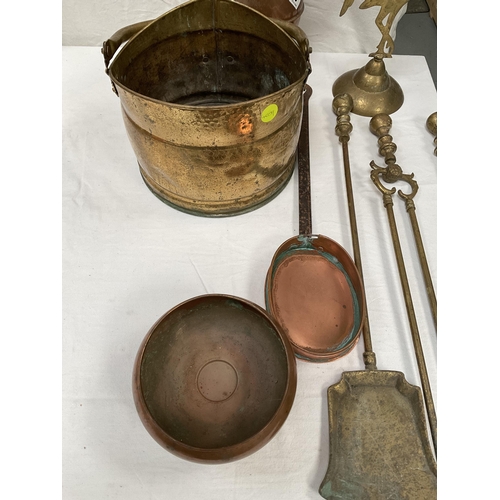 80 - BRASS COAL SCUTTLE , FIRE IRONS COPPER VASE ETC