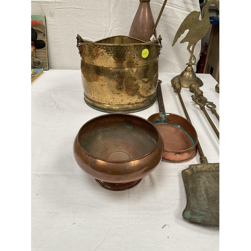 80 - BRASS COAL SCUTTLE , FIRE IRONS COPPER VASE ETC