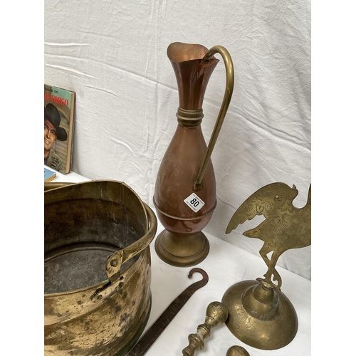 80 - BRASS COAL SCUTTLE , FIRE IRONS COPPER VASE ETC