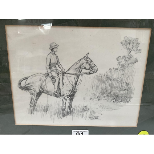 91 - FRAMED PENCIL DRAWING OF WOMAN ON HORSEBACK 17