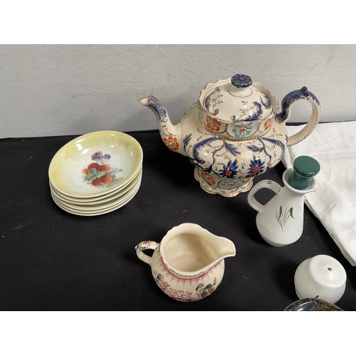 123 - BOX OF CHINA TO INCLUDE TEAPOTS , TOAST RACK ETC