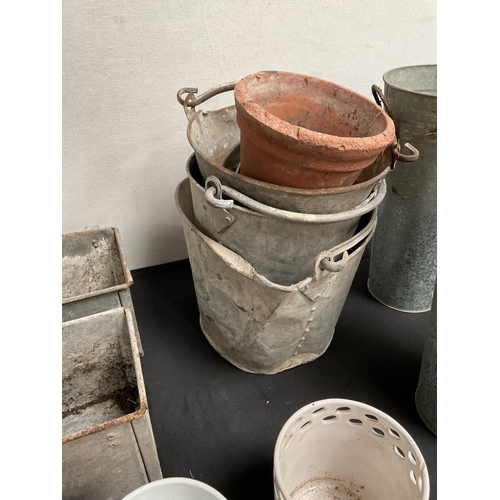 129 - QTY OF GALVANISED ITEMS TO INCLUDE PLANT POTS, BUCKETS ETC