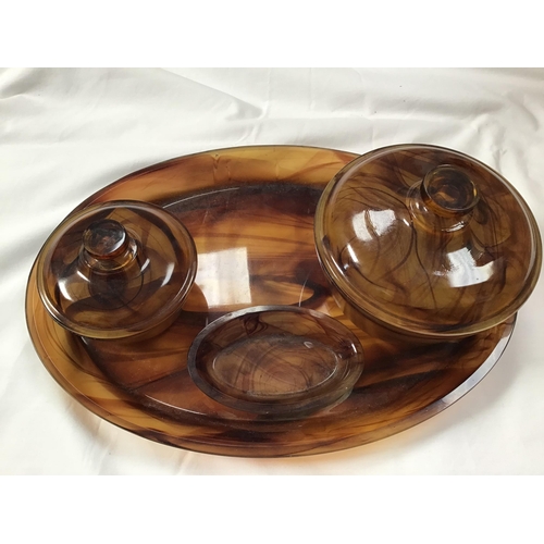 159 - QTY OF BROWN GLASS , PART DRESSING TABLE SET, VASE H12