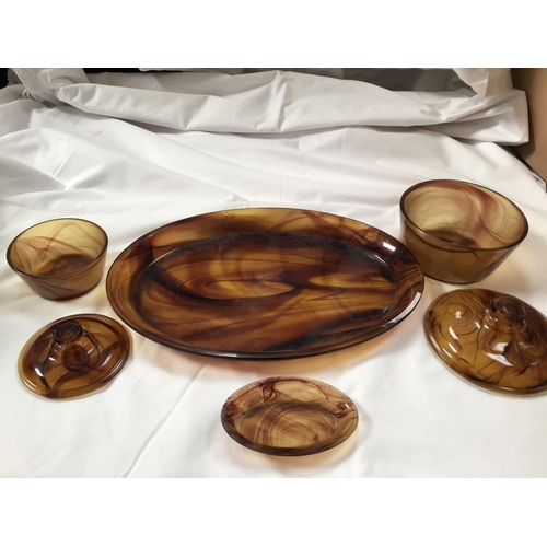 159 - QTY OF BROWN GLASS , PART DRESSING TABLE SET, VASE H12