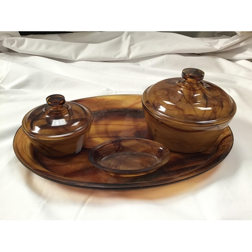 159 - QTY OF BROWN GLASS , PART DRESSING TABLE SET, VASE H12